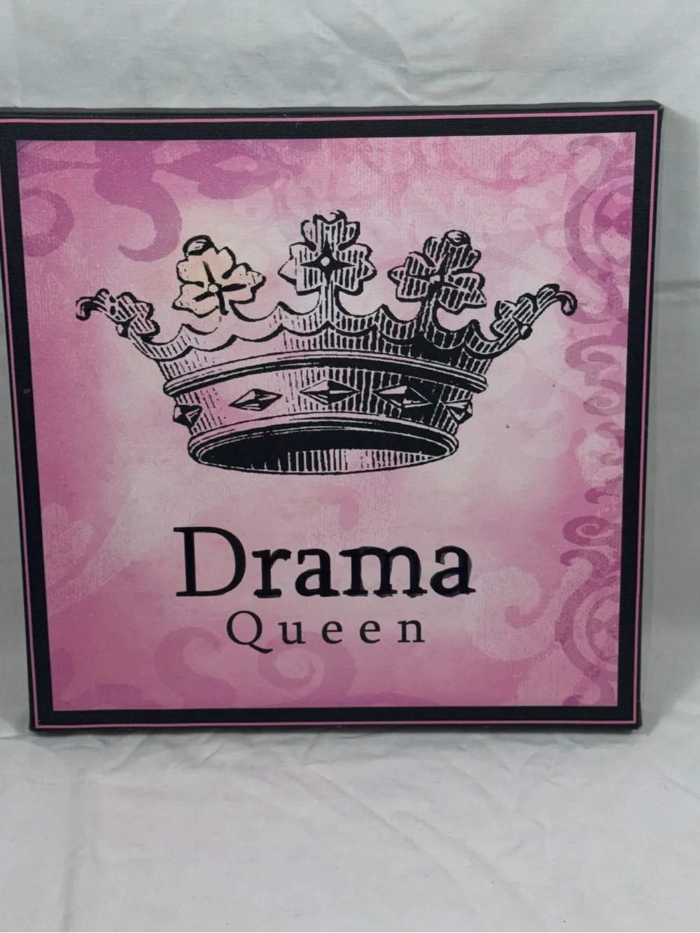 Drama Queen Pink Crown Wall Art Vintage Style Square Frame Girls Room Decor